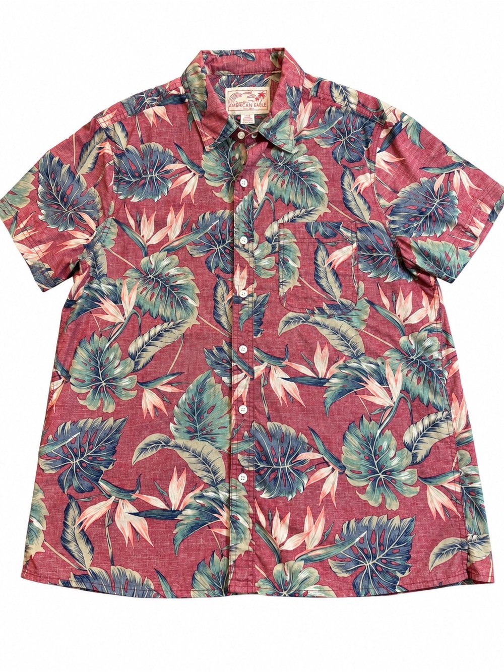 American Eagle Men’s Large Tropical Hawaiian Shirt Red Floral Button Down